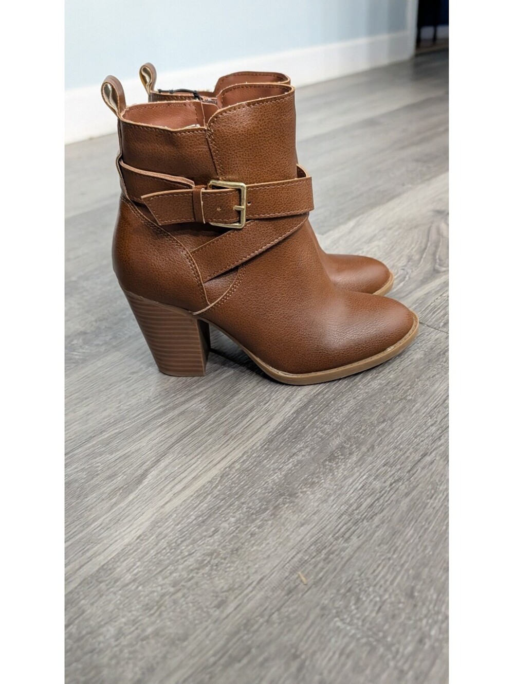 Women's Brown Faux Leather Ankle Boots with Buckle Strap